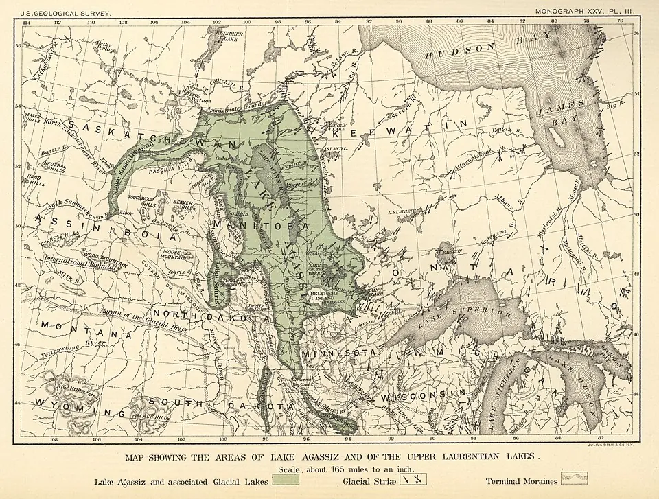 The extent of glacial Lake Agassiz, a lake held back by ice, and that of the neighbouring Great Lakes, on a map drawn by Warren Upham and published by the U.S. Geological Survey in 1895. The cooling coincides with the emptying of this lake into the sea.