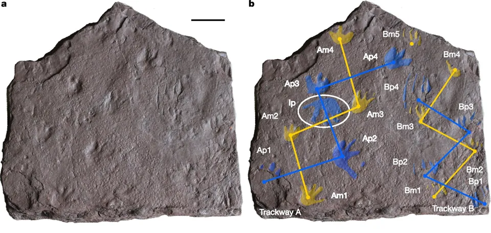 A slab of rock from the Snowy Plains Formation, in Australia, bearing a trackway, a trail of footprints (specimen NMV P258240): the rock as preserved, then with the footprints highlighted, front feet in yellow and hind feet in blue.