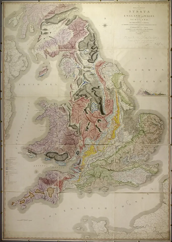 William Smith's geological map of England and Wales, with part of Scotland, published in 1815. British Library.
