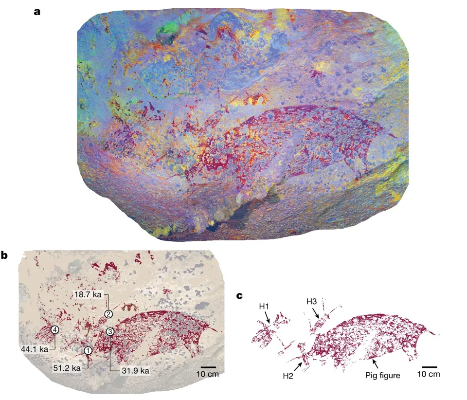 The painted panel of Leang Karampuang cave, on the island of Sulawesi, in Indonesia: a photographic panorama with digitally enhanced colours (a), then two tracings (b, c), that is, drawings that reproduce the scene. A pig and three human-like figures can be made out.