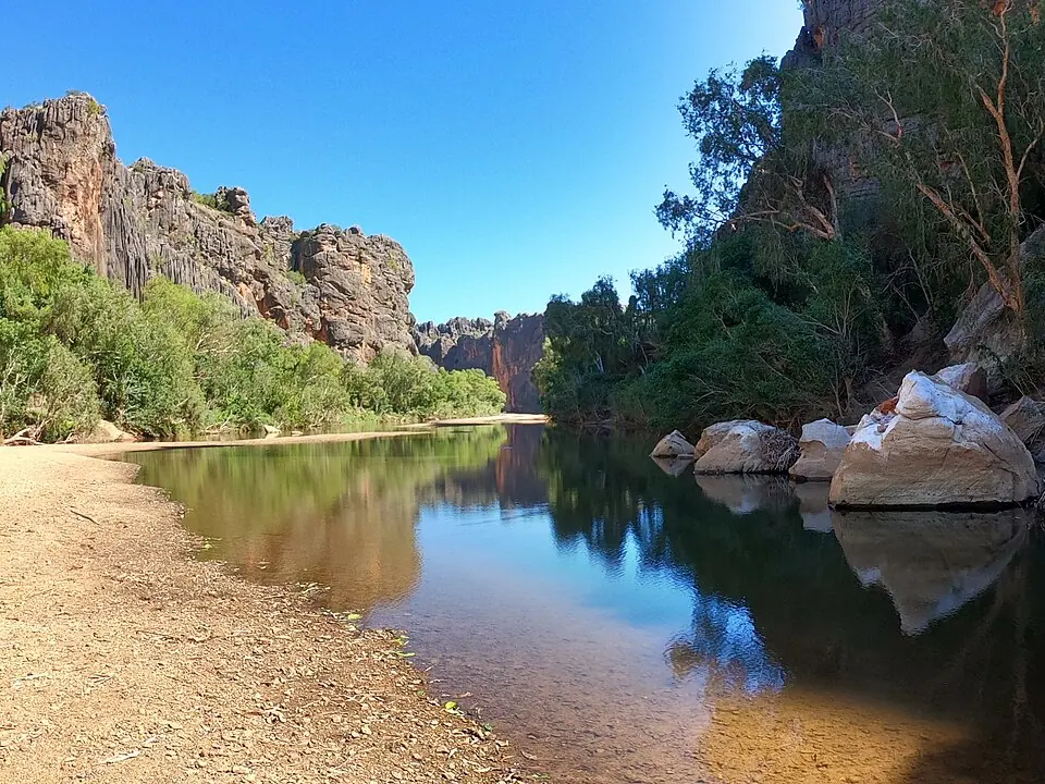Windjana Gorge, in the Kimberley region of Western Australia, cuts through an ancient reef of Devonian age.
