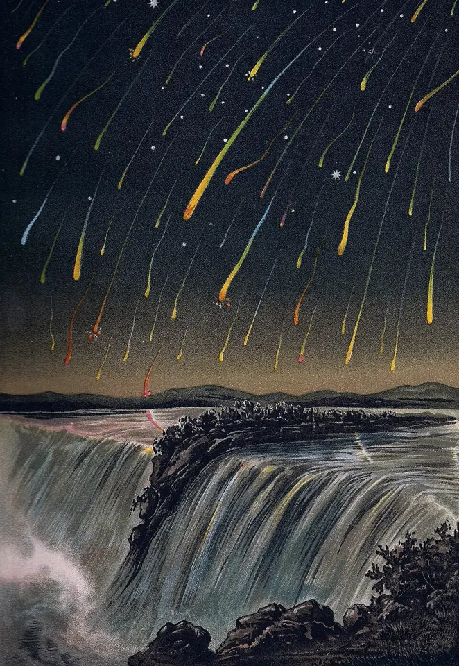 The Leonid meteor storm of November 1833, as seen from North America, in an engraving that appeared in 1888 in a star atlas by Edmund Weiss. A meteor is a streak of light in the sky; a meteorite, like those in the entry, is a stone that has fallen to the ground. The engraving shows a different shower from the one the entry describes.