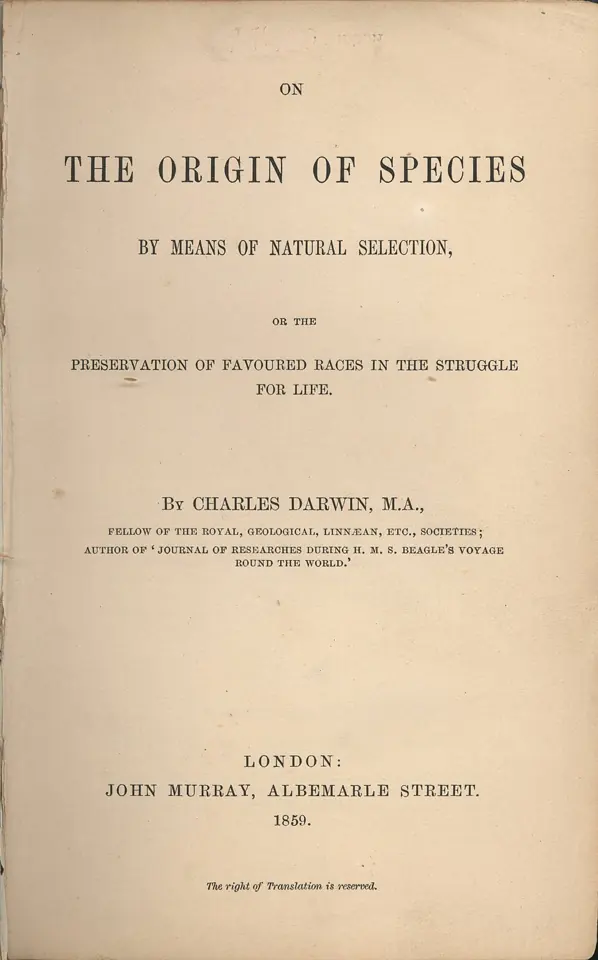 Title page of On the Origin of Species in the edition published by John Murray in London in 1859.