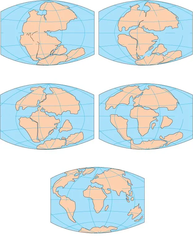 The break-up of Pangaea and the motion of the continents to their present positions, in five maps from This Dynamic Earth, a book published by the U.S. Geological Survey in 1996.