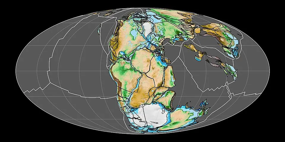 Pangaea 200 million years ago, on a map computed with the GPlates software from a published model of the motions of the tectonic plates (Matthews and colleagues, 2016).