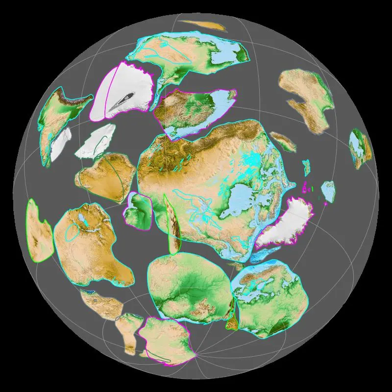The supercontinent Rodinia 900 million years ago, on a map computed with the GPlates software from the reconstruction of Li and colleagues (2008). In the middle lies Laurentia, which is now North America.
