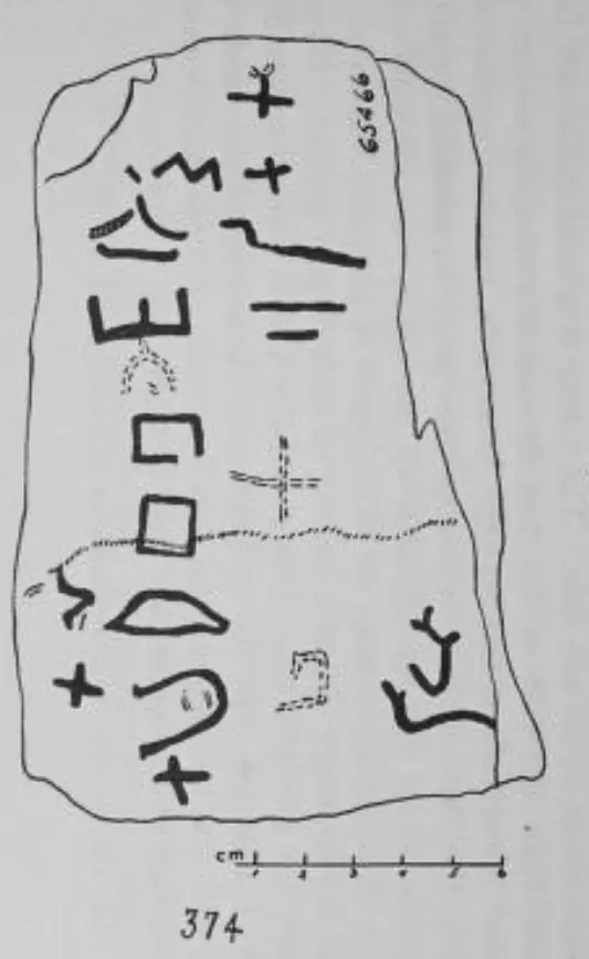 Drawing of an inscription from Serabit el-Khadim, published by Romain Butin in 1936 under the number 374. It is written in Proto-Sinaitic, the oldest known alphabetic script.