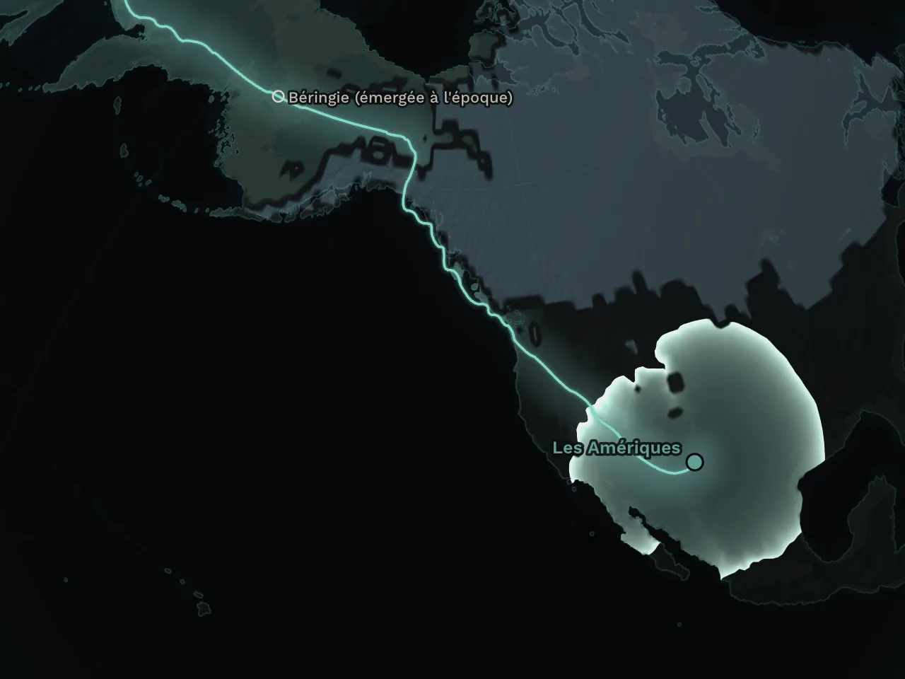 Il y a 21 000 ans. Le Canada est couvert de calottes glaciaires. Le trajet des Amériques a traversé la Béringie. Il a longé la côte du Pacifique avant de gagner White Sands. Autour de White Sands, la couleur des Amériques commence à s'étendre.