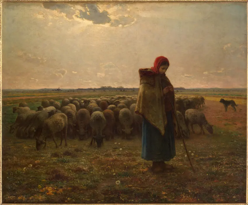 A shepherdess and her sheep: Shepherdess with Her Flock, painted by Jean-François Millet about 1863. Musée d'Orsay, Paris.