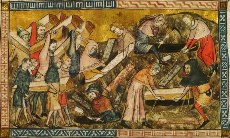 The people of Tournai bury the victims of the Black Death: a miniature (a painted illustration in a manuscript) by Pierart dou Tielt, about 1353, in the Tractatus quartus of Gilles li Muisis.