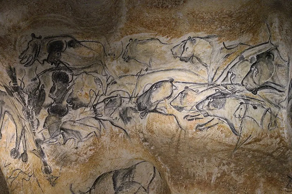 The Lions Panel, photographed in the Caverne du Pont-d'Arc, the replica of Chauvet Cave: lions chase bison.