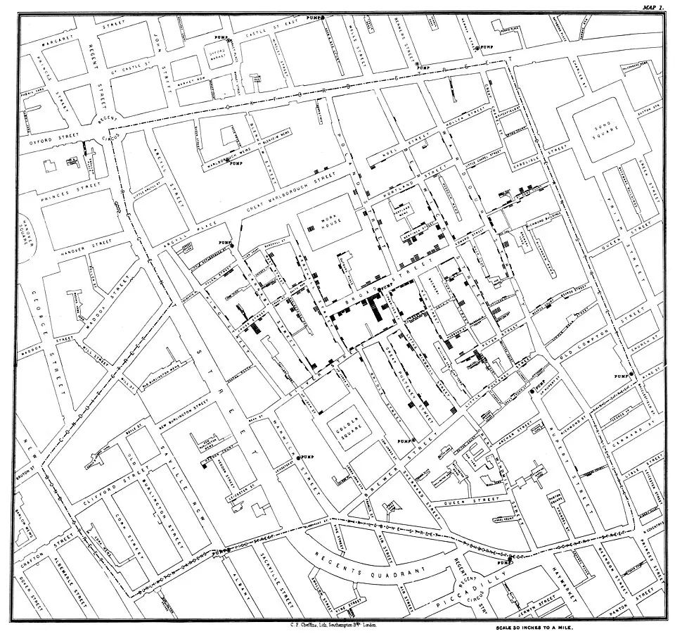 La carte de l'épidémie de choléra de 1854 autour de Broad Street, à Londres, dressée par John Snow. Les barres noires marquent les cas.