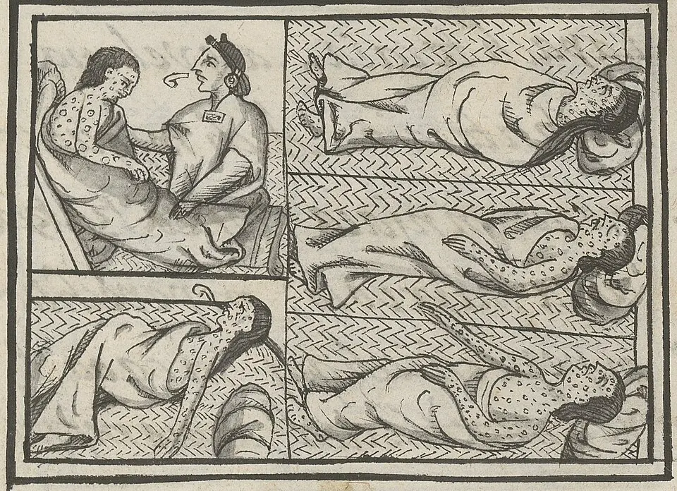 A healer (ticitl in Nahuatl, the language of the Aztecs) tends people sick with smallpox in 1520: illustration from Book 12 of the Florentine Codex (1577).