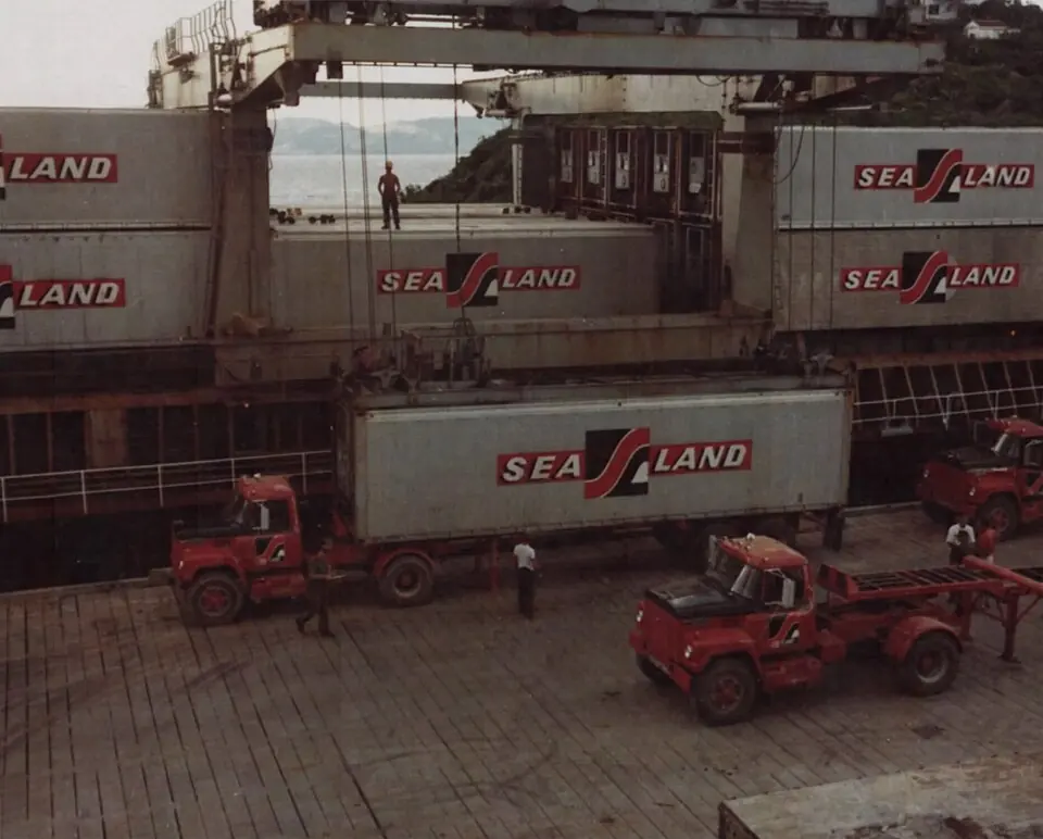 Containers being unloaded from a ship onto lorries at Da Nang, in Vietnam, in September 1967.