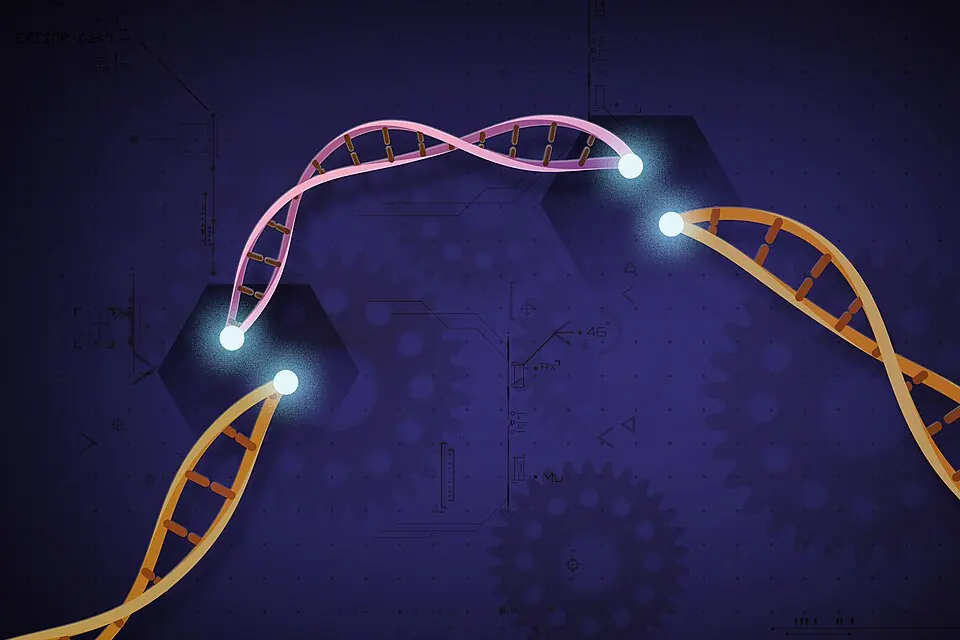 Illustration de CRISPR-Cas9, un outil qui coupe l'ADN à un endroit choisi et permet d'y insérer un court fragment.