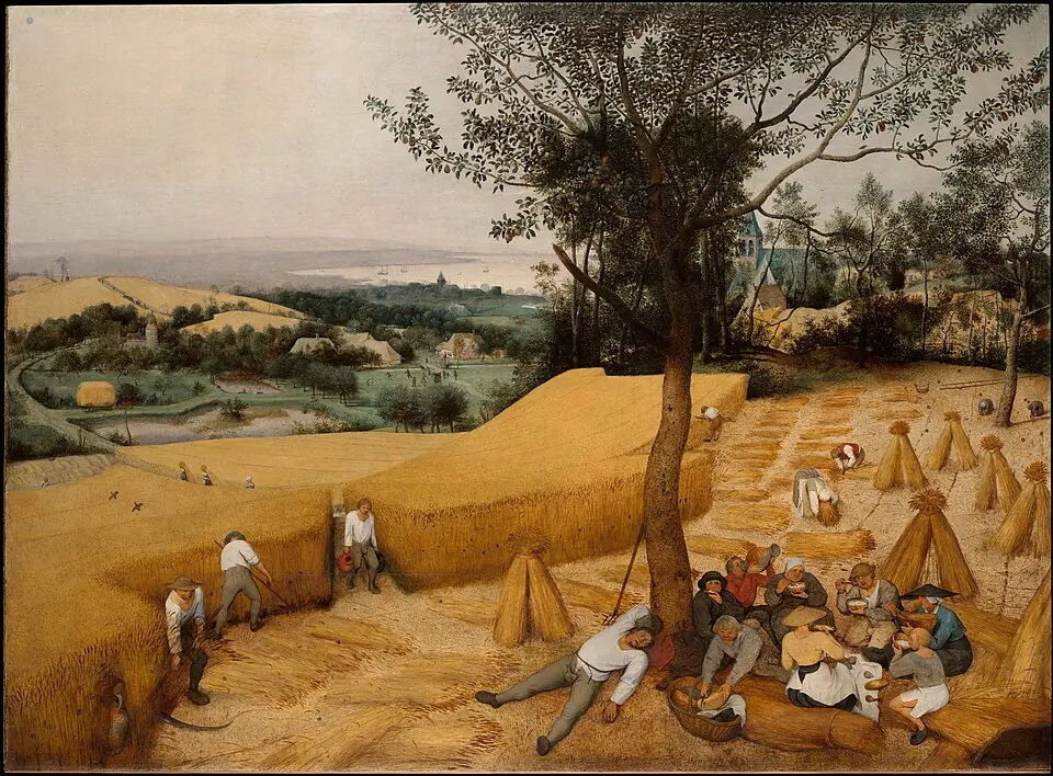 Des paysans d'Europe à la moisson, quelque huit mille ans après les premiers : Les Moissonneurs, peints par Pieter Bruegel l'Ancien en 1565. Metropolitan Museum of Art, New York.