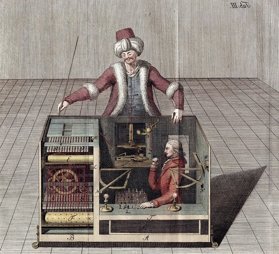 The Turk, Kempelen's chess-playing automaton, seemed to play by itself. In this engraving of 1789, Joseph Racknitz supposes that a player is hidden in the automaton's cabinet. A language model has nothing of the kind: no human operator is hidden in it.