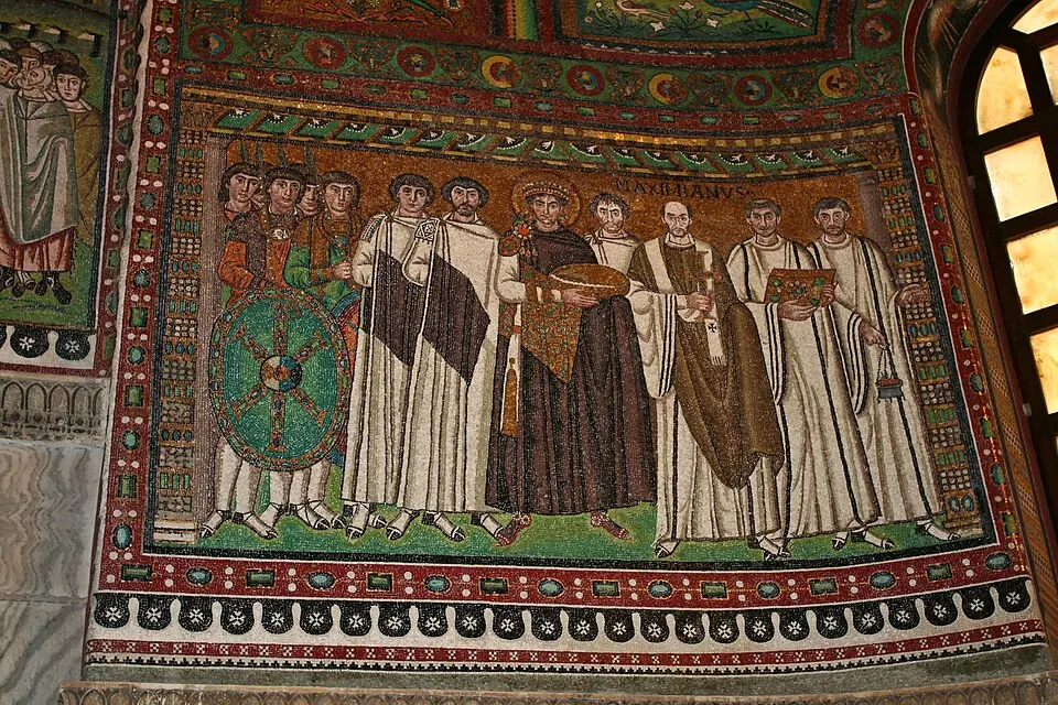 The emperor Justinian and his retinue: mosaic of the basilica of San Vitale, in Ravenna.