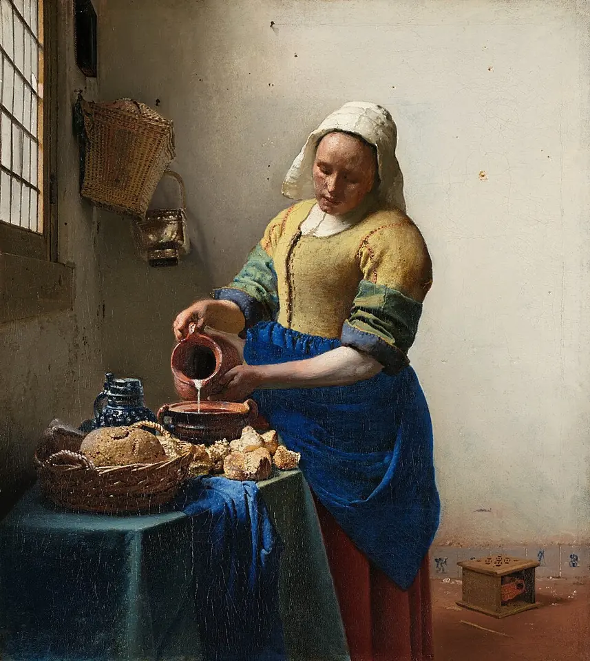 Une servante verse du lait : La Laitière, peinte par Johannes Vermeer vers 1660. Rijksmuseum, Amsterdam.
