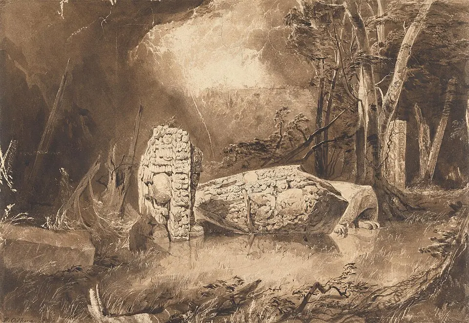 A Maya stela, a carved stone slab, at Copán, in Honduras, drawn by Frederick Catherwood in 1843. Yale Center for British Art.