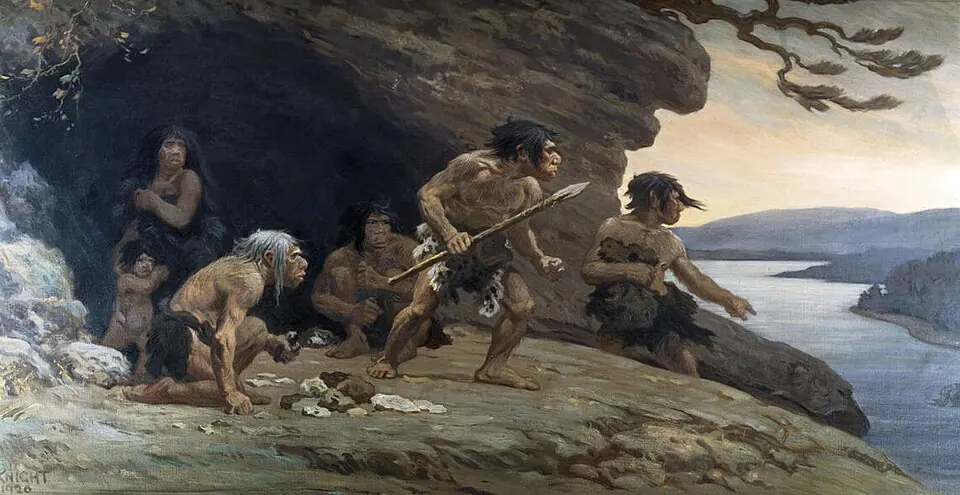 A Neanderthal family as it was pictured in 1920, ninety years before the genome was read: a painting by Charles R. Knight for the American Museum of Natural History.