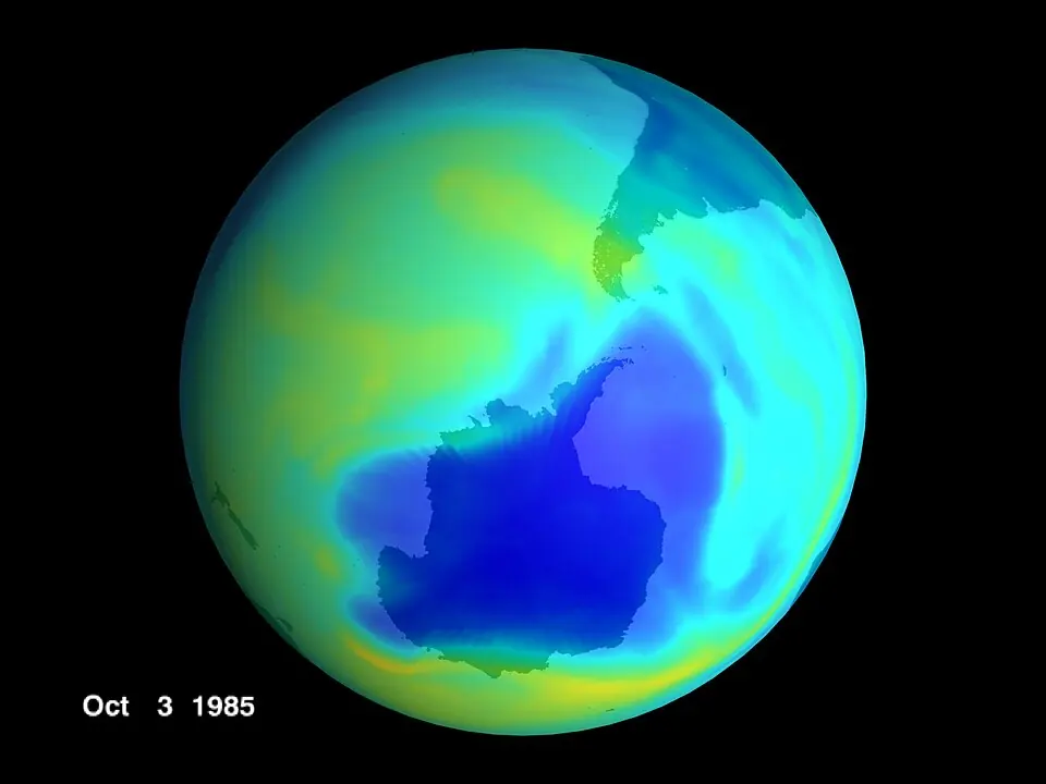 The ozone hole over Antarctica on 3 October 1985, the day of its greatest area that year, in a visualisation by NASA's Goddard Space Flight Center.