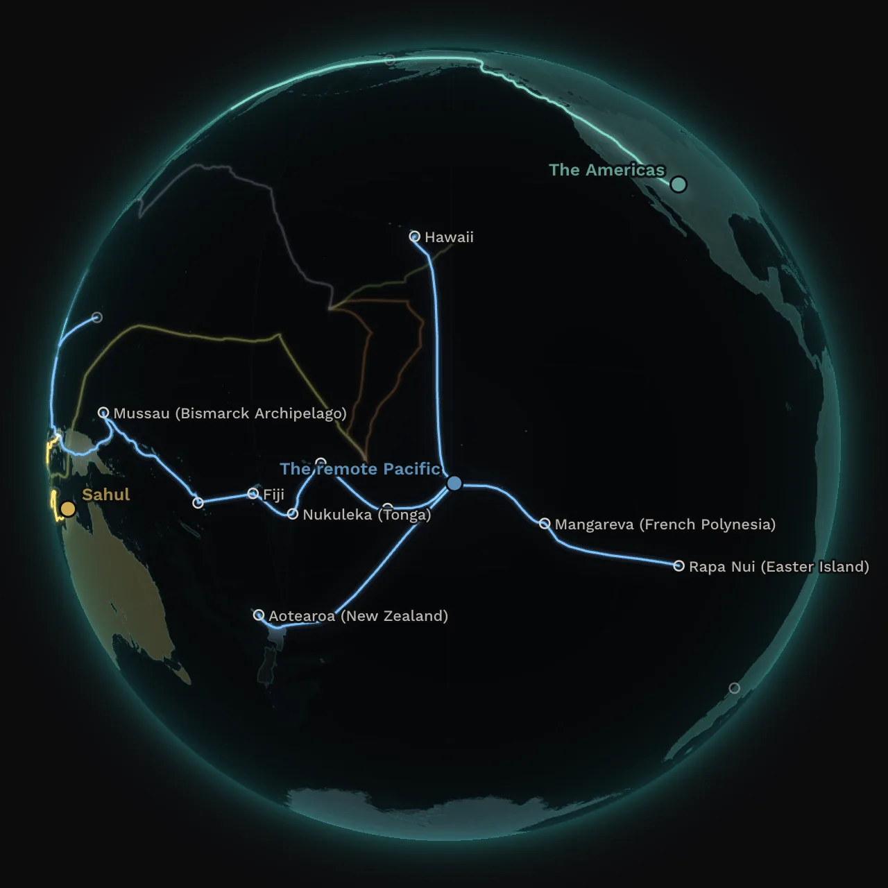 In 1300 CE. The blue route has reached the Society Islands, in the centre. From there, its branches have reached Hawaii, Rapa Nui and Aotearoa.
