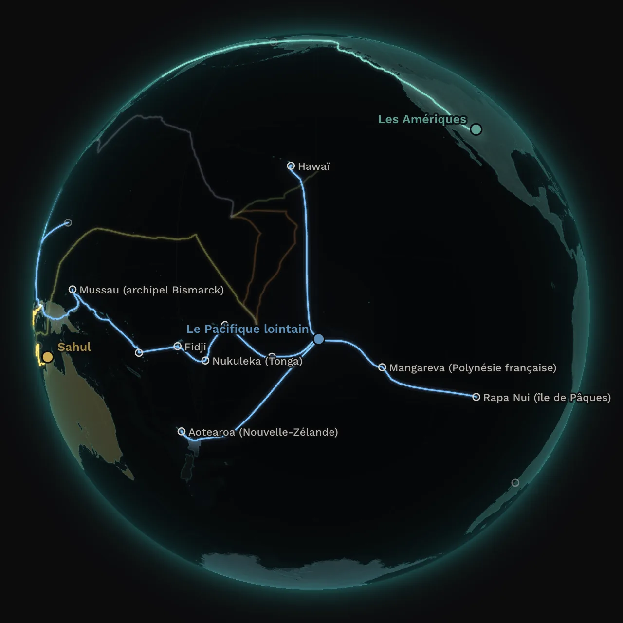 En 1300. Le trajet bleu a atteint les îles de la Société, au centre. De là, ses branches ont gagné Hawaï, Rapa Nui et Aotearoa.