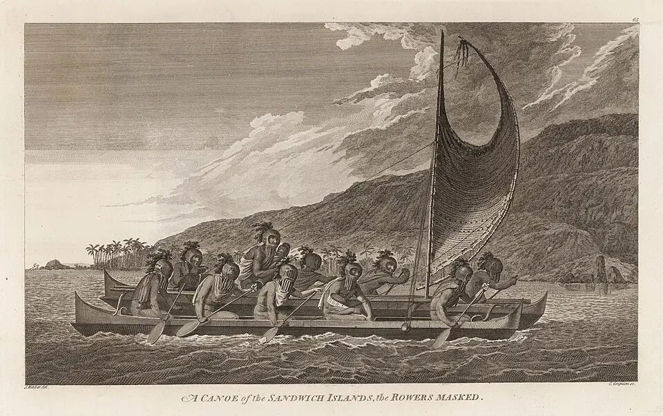 A double canoe of the Sandwich Islands (Hawaii) and its masked paddlers, engraved after a drawing made by John Webber in 1779.