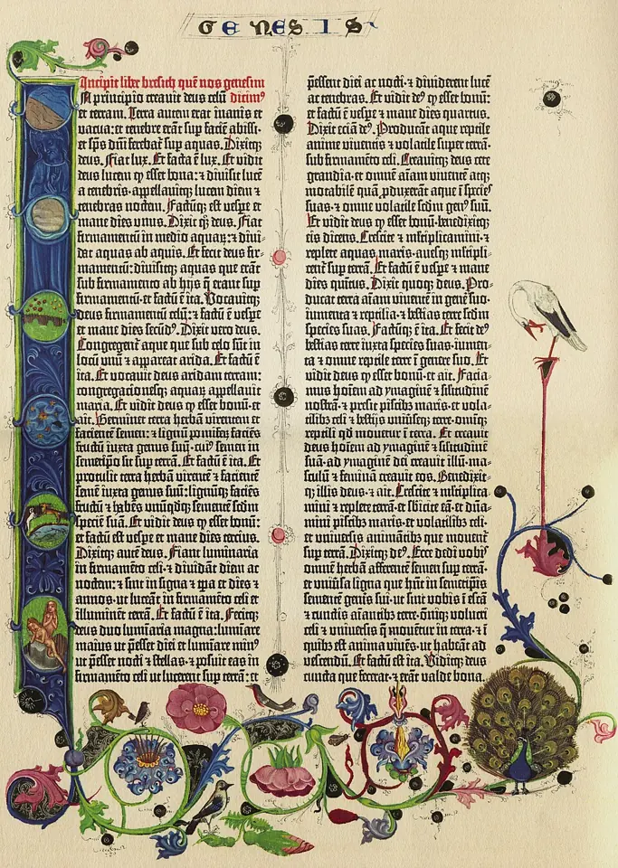 The beginning of Genesis in the Gutenberg Bible, printed about 1455: the illuminated copy (decorated by hand in colours and gold) held by the Staatsbibliothek in Berlin.