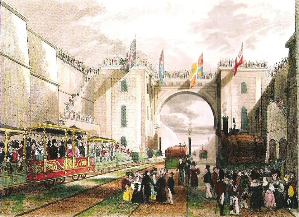 L'ouverture de la ligne de Liverpool à Manchester, en septembre 1830, à l'arche mauresque d'Edge Hill. Dessin et gravure d'I. Shaw.