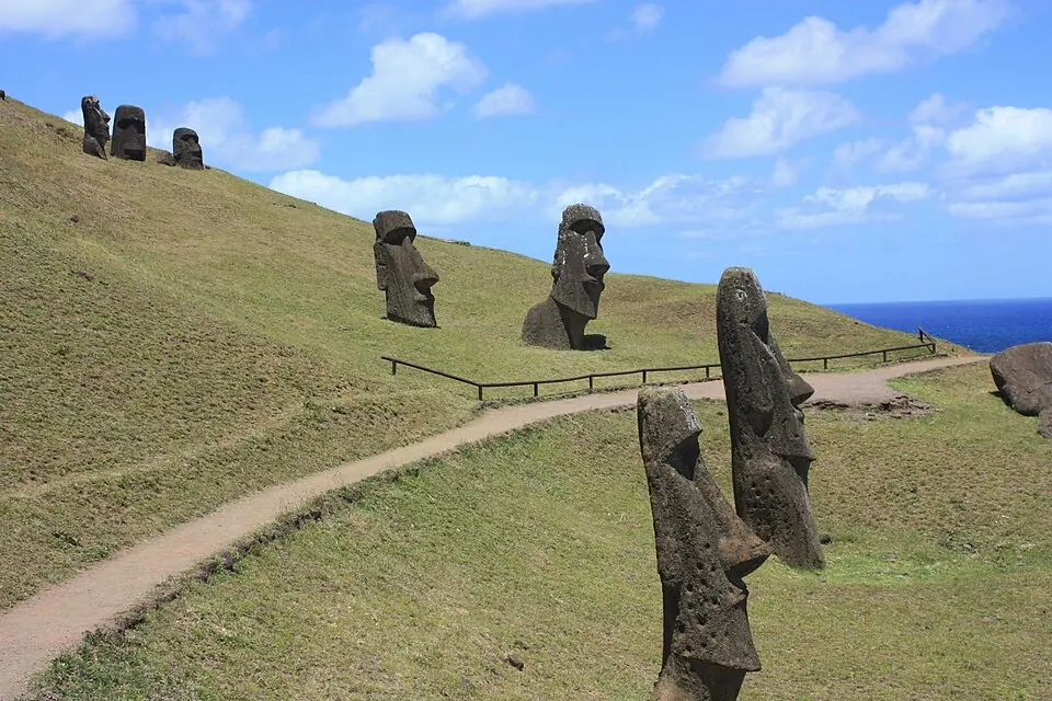 Moai on the slope of Rano Raraku, on Easter Island.