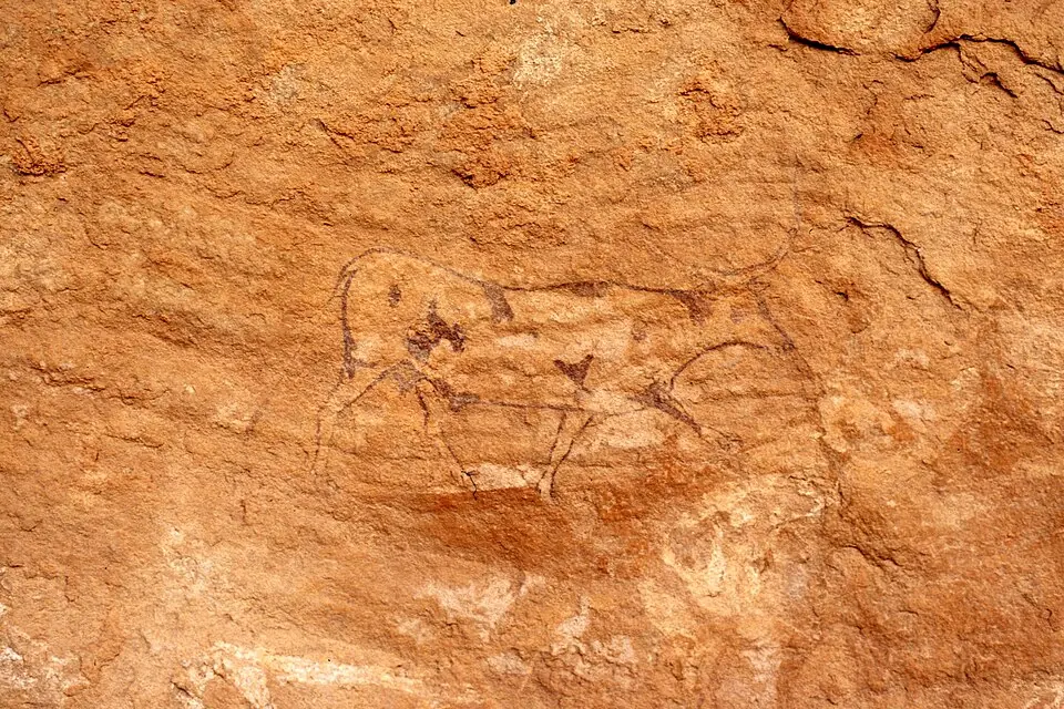 Une vache tracée sur une paroi rocheuse du plateau du Tassili, en Algérie.