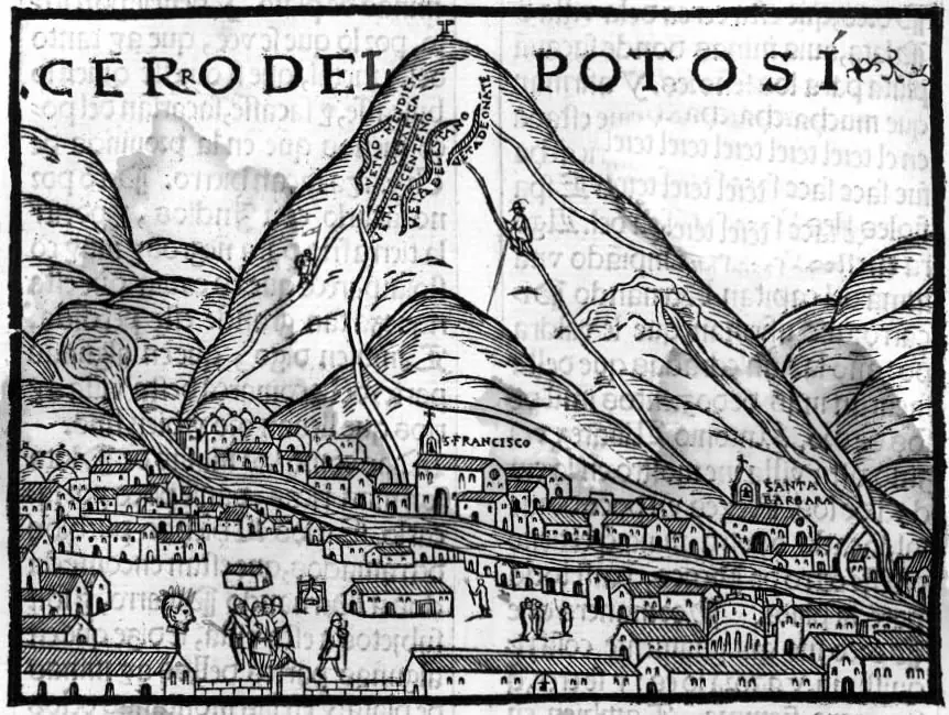 The Cerro de Potosí, the mountain from which the silver was mined, and the town at its foot: woodcut from the Chronicle of Peru (1553).
