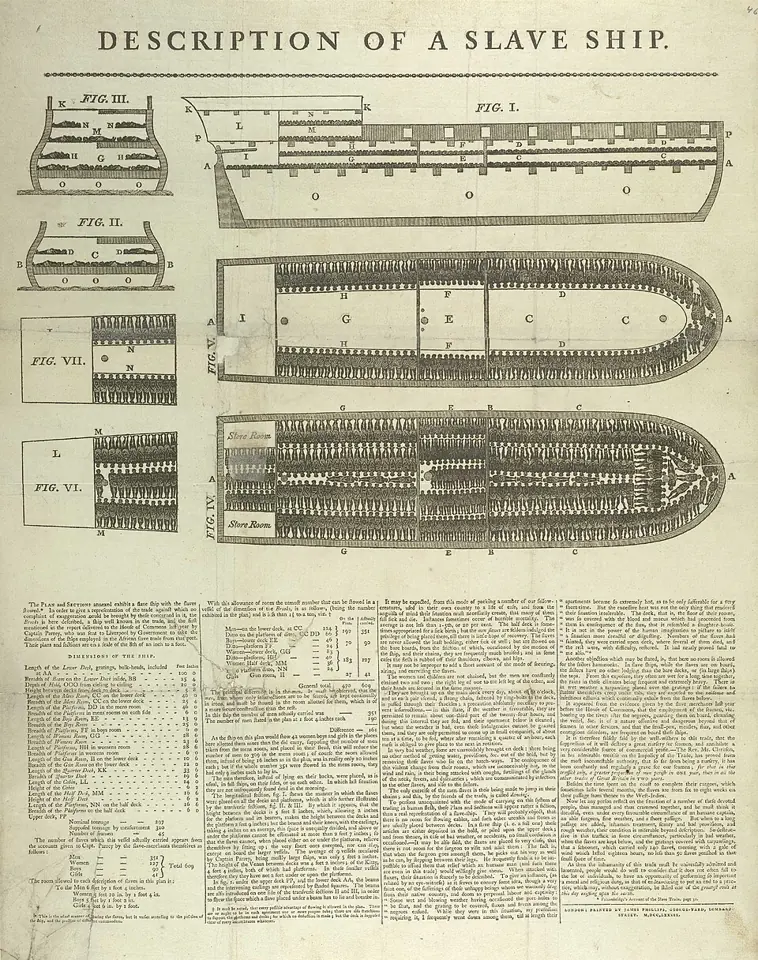 Diagram of the stowage of captives aboard the slave ship Brookes, printed in London by James Phillips for the campaign against the slave trade. British Library.