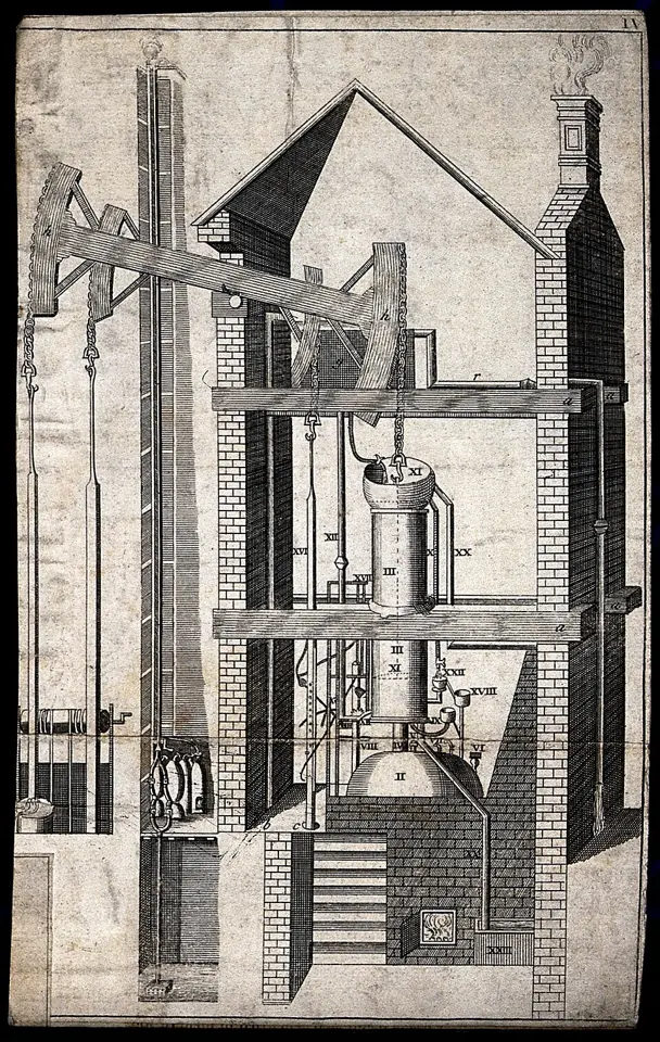 Une machine à vapeur de Newcomen, sur une gravure des années 1740.