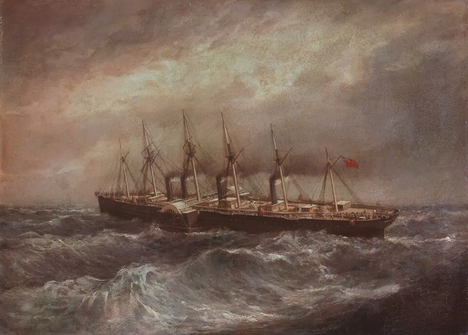 Painting by Henry Clifford: the steamship Great Eastern laying the Atlantic telegraph cable.