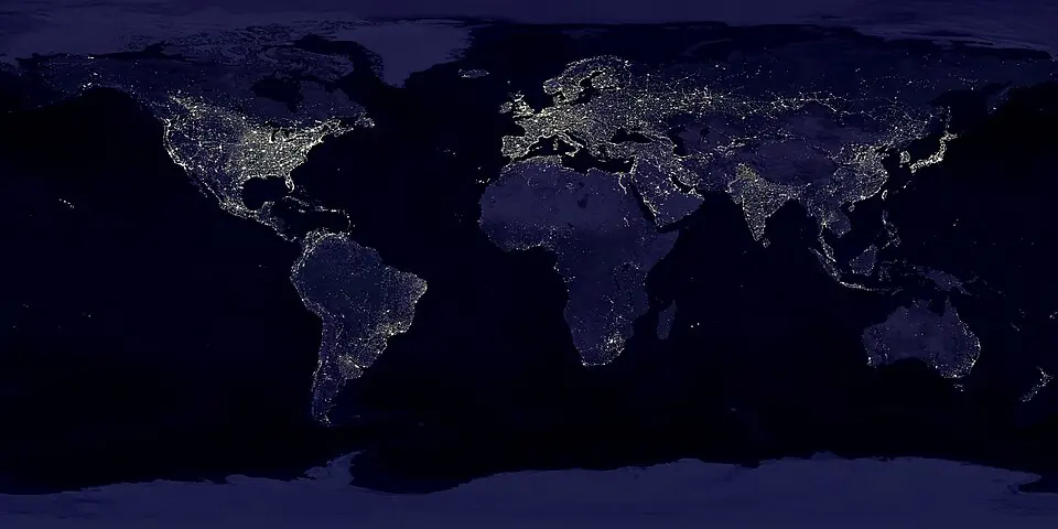 Les lumières des villes de la Terre, cartographiées d'après des données satellitaires de 1994 et 1995. Les zones les plus brillantes sont les plus urbanisées.