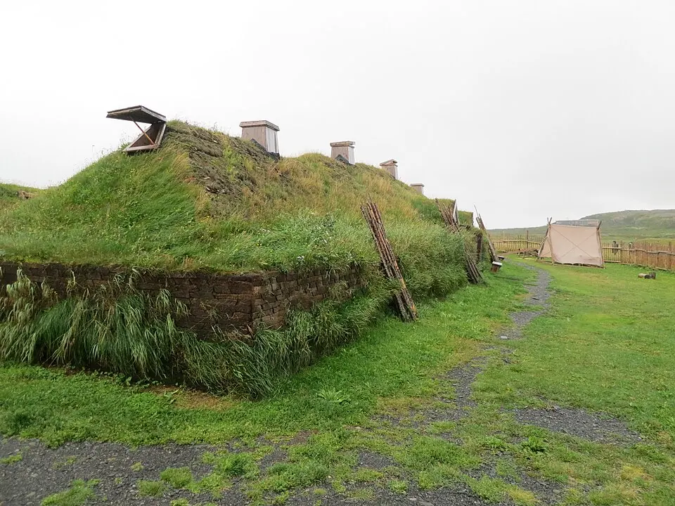 Reconstruction of the Norse buildings of L'Anse aux Meadows, in Newfoundland. The original remains were excavated in the 1960s, then covered over.
