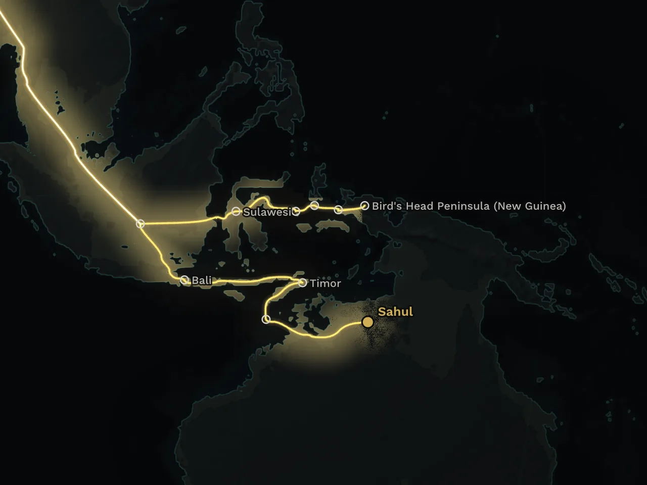 47,000 years ago. Today the Sunda Shelf is a shallow sea floor between Sumatra, Java and Borneo. At this date, the sea is low enough for it to be dry land. The route to Sahul divides there into two branches. The northern branch runs through Sulawesi to New Guinea. The southern branch runs through Bali and Timor to northern Australia. Kealy and colleagues found overwhelming support for the northern itinerary. The planet nevertheless also shows the southern branch. According to Gandini and colleagues, the first people reached Sahul by at least two itineraries. The colour of Sahul spreads from the end of the southern branch.
