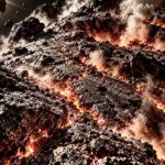 Surface terrestre calcinée, parcourue de fractures incandescentes et de panaches de vapeur, sous un ciel noir