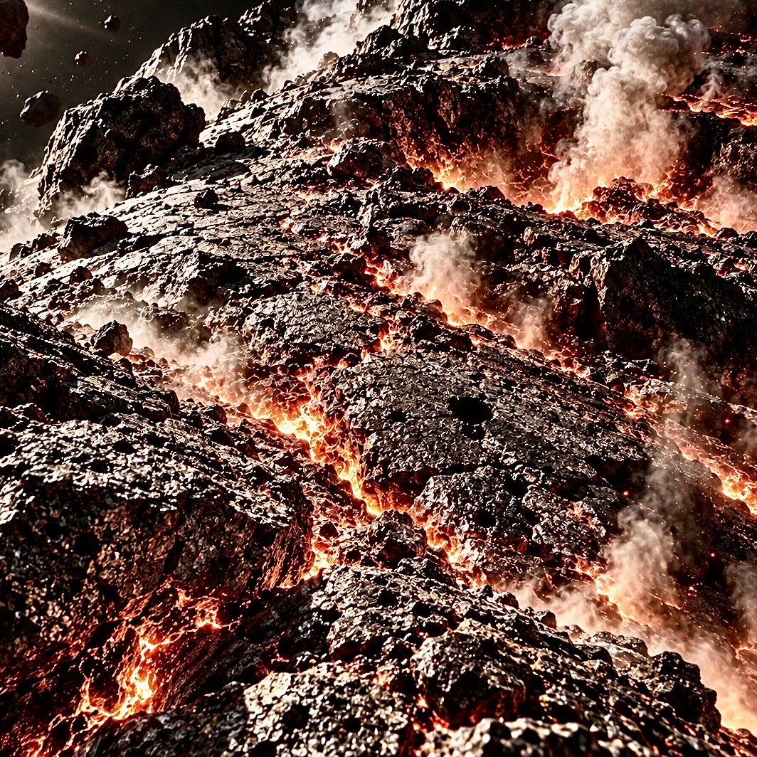 Surface terrestre calcinée, parcourue de fractures incandescentes et de panaches de vapeur, sous un ciel noir