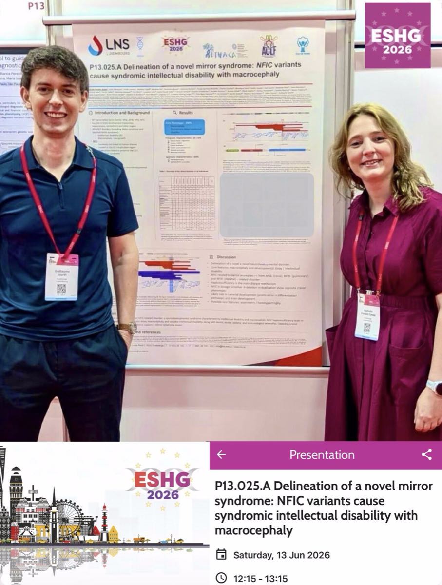 Guillaume Jouret and Nathalie Vanden Eynde in front of the NFIC poster at the ESHG 2026 meeting